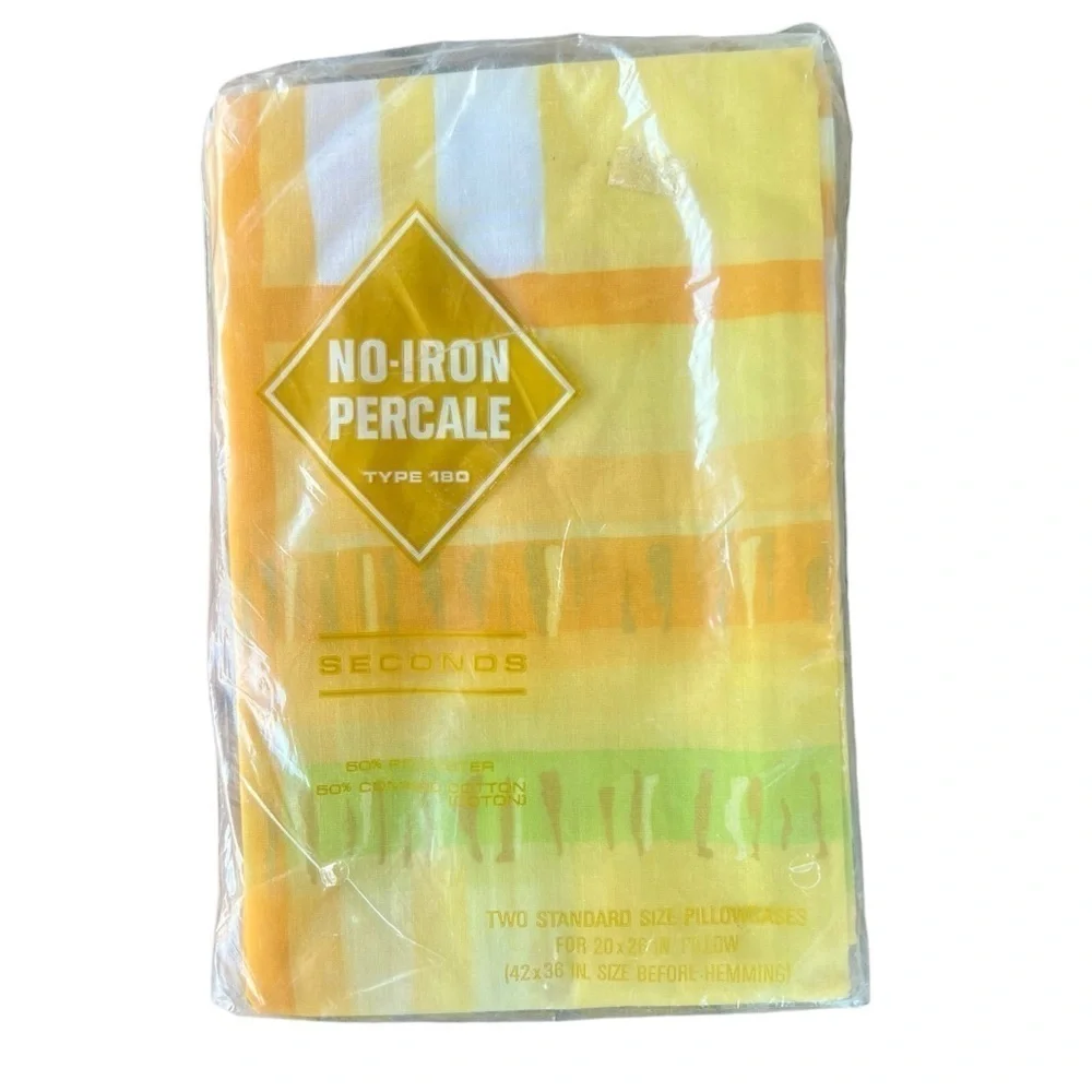 Vintage Abstract Pillowcase Set NOS Salestex No-Iron Percale Standard 70s Yellow
